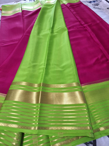 Pure Mysore Crepe Silk - Barbie pink & fluorescent Green Embellished border