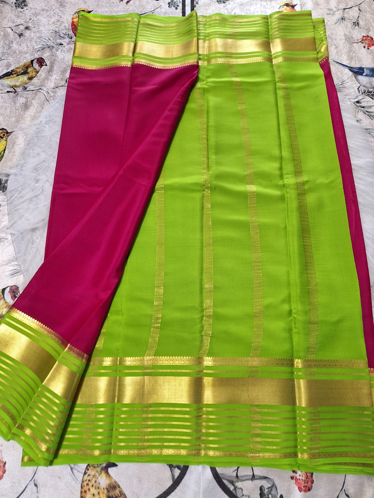 Pure Mysore Crepe Silk - Barbie pink & fluorescent Green Embellished border