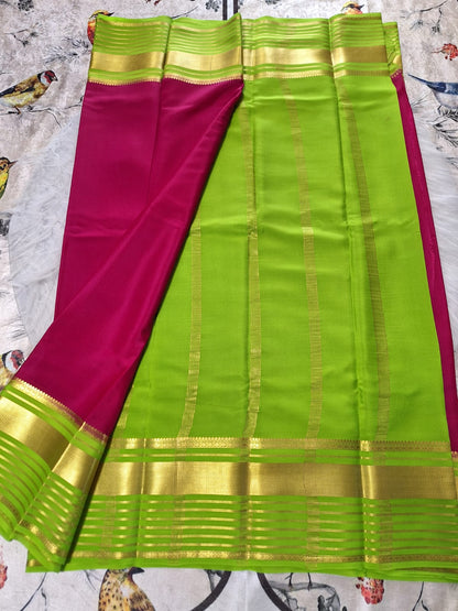Pure Mysore Crepe Silk - Barbie pink & fluorescent Green Embellished border