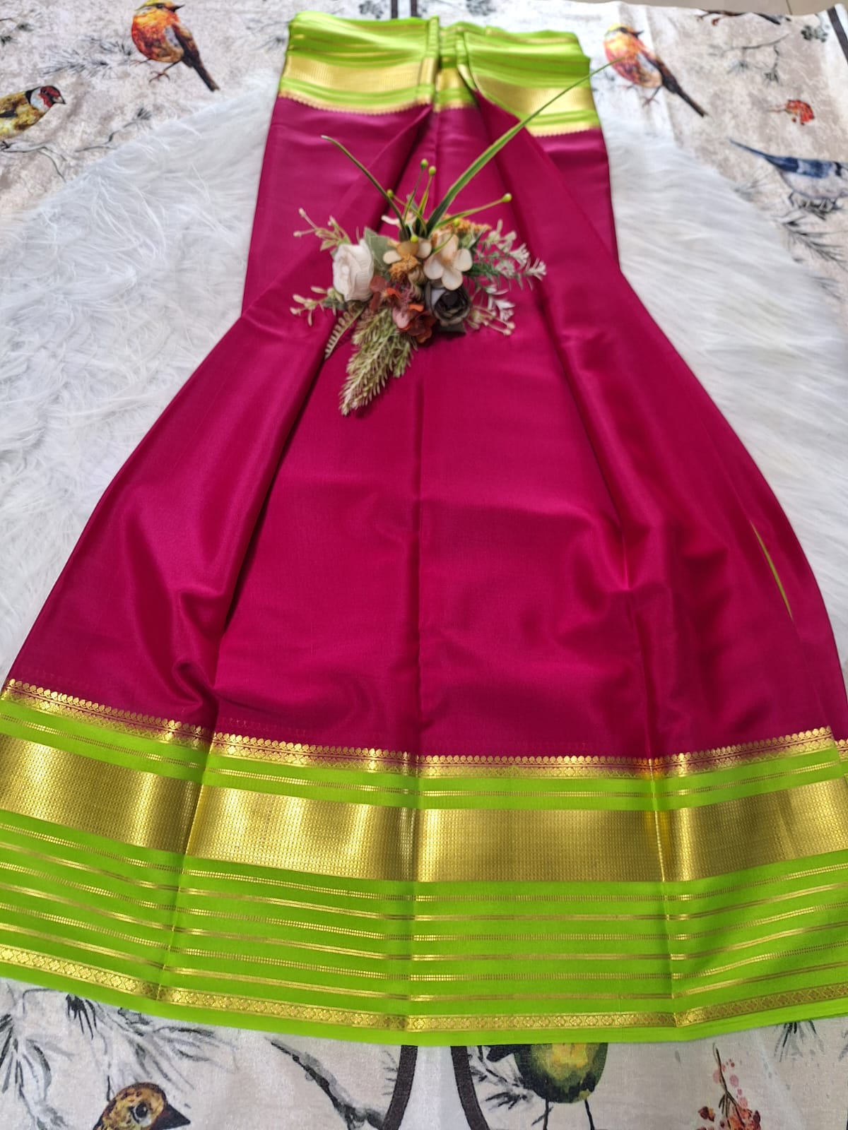 Pure Mysore Crepe Silk - Barbie pink & fluorescent Green Embellished border