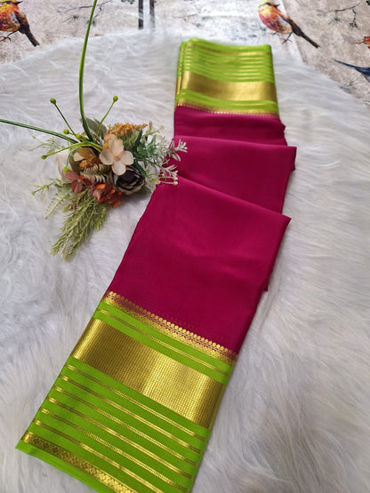 Pure Mysore Crepe Silk - Barbie pink & fluorescent Green Embellished border