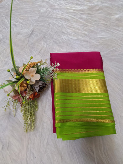Pure Mysore Crepe Silk - Barbie pink & fluorescent Green Embellished border