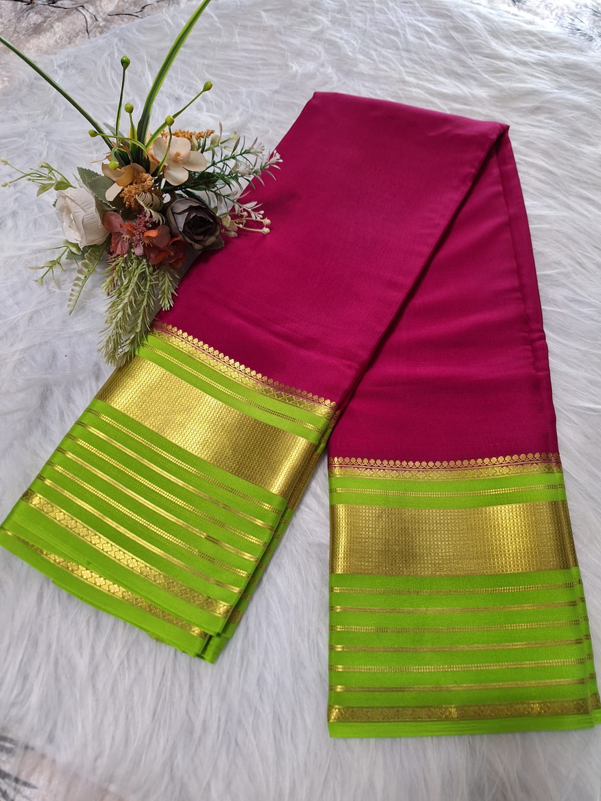 Pure Mysore Crepe Silk - Barbie pink & fluorescent Green Embellished border