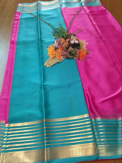 Pure Mysore Crepe Silk - Fuschia pink Florescent blue Embellised border