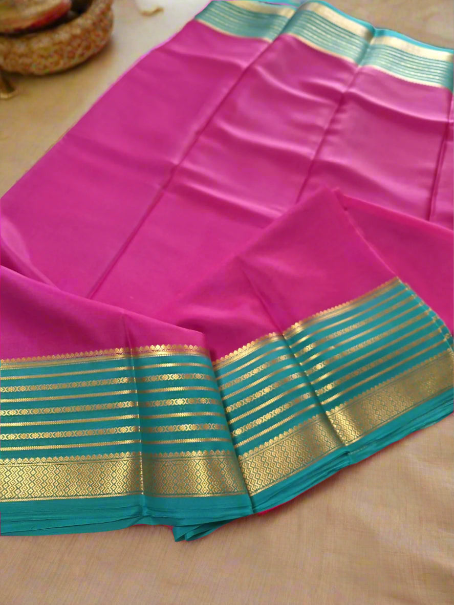 Pure Mysore Crepe Silk - Fuschia pink Florescent blue Embellised border