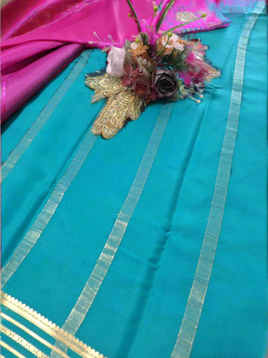 Pure Mysore Crepe Silk - Fuschia pink Florescent blue Embellised border