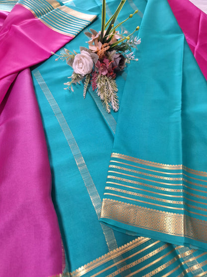 Pure Mysore Crepe Silk - Fuschia pink Florescent blue Embellised border