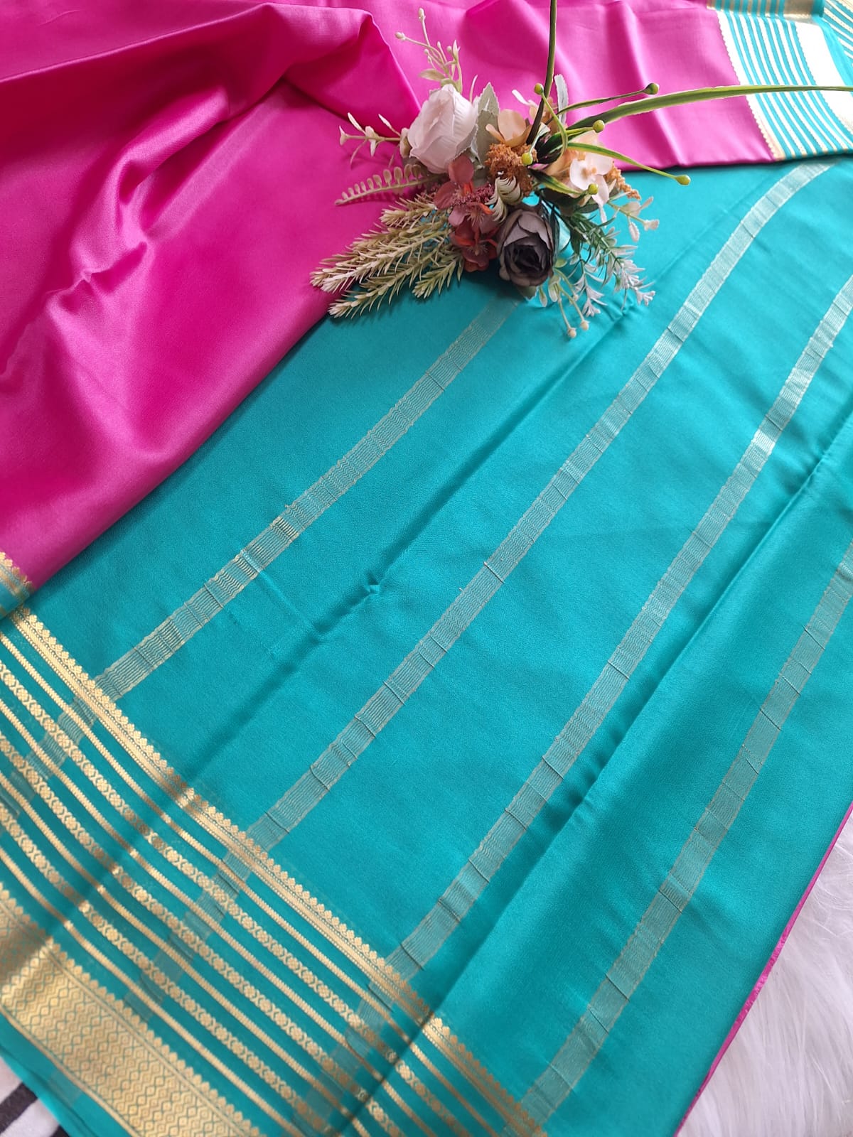 Pure Mysore Crepe Silk - Fuschia pink Florescent blue Embellised border