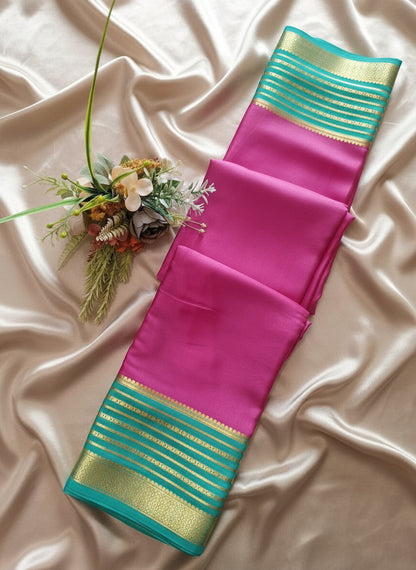 Pure Mysore Crepe Silk - Fuschia pink Florescent blue Embellised border