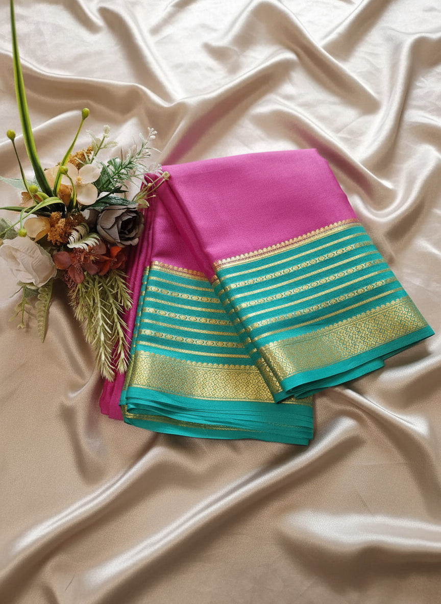 Pure Mysore Crepe Silk - Fuschia pink Florescent blue Embellised border