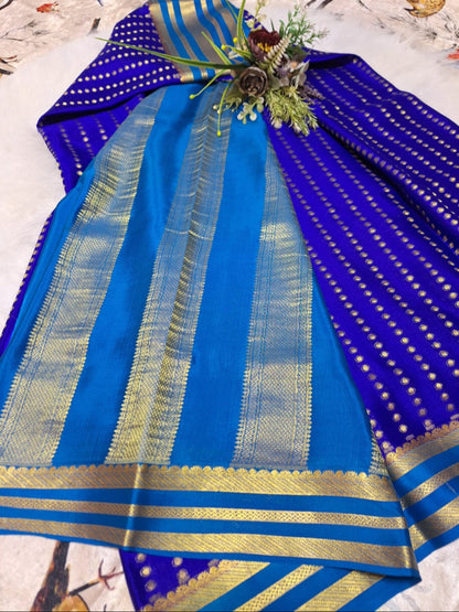 Pure Mysore Crepe Silk - Royal Blue & Sky blue 1000 boota pattern