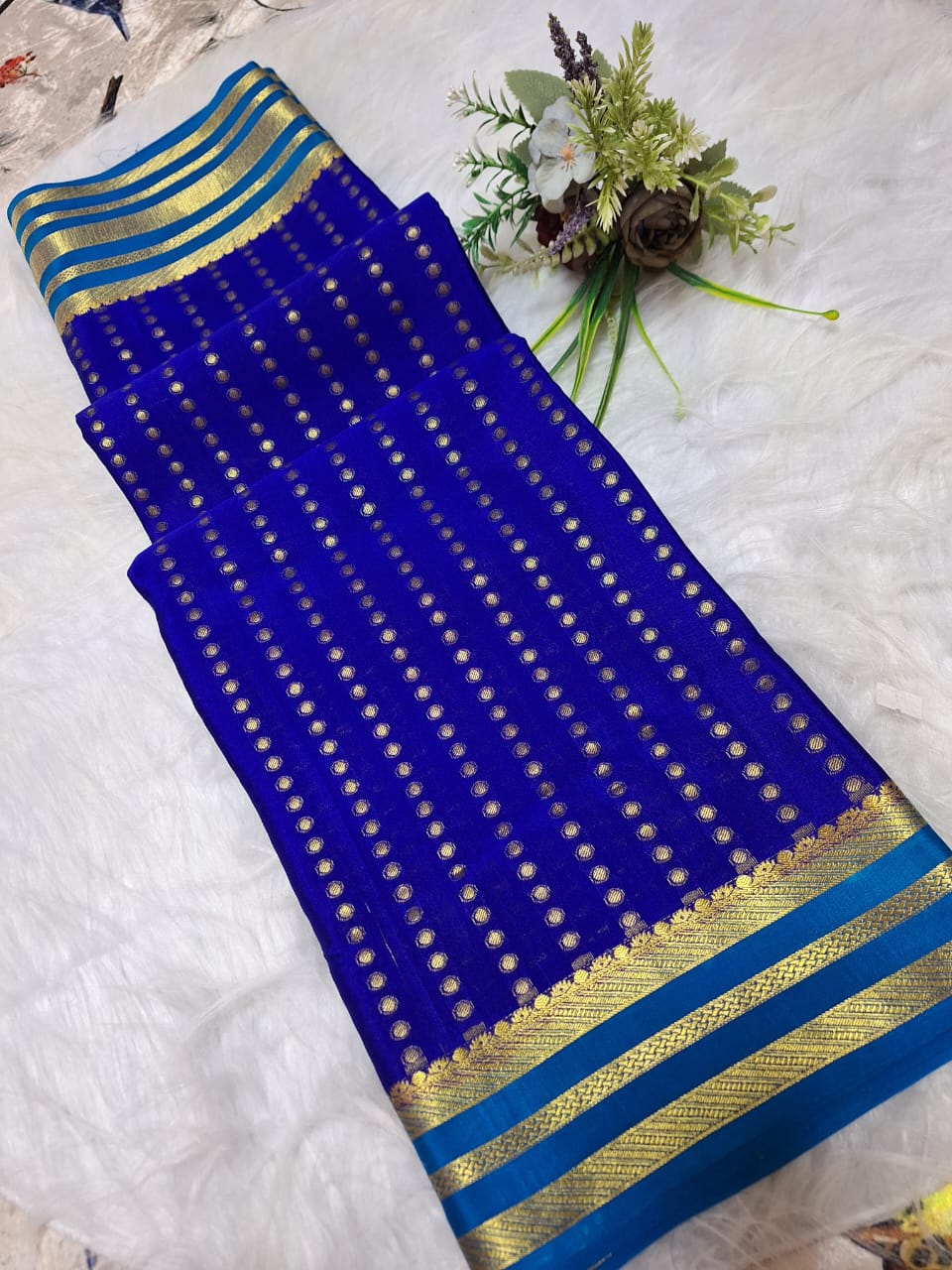 Pure Mysore Crepe Silk - Royal Blue & Sky blue 1000 boota pattern