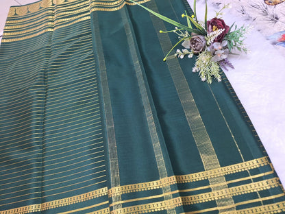 Pure Mysore Crepe Silk - Bottle Green Golden Kairi (Mango) Border
