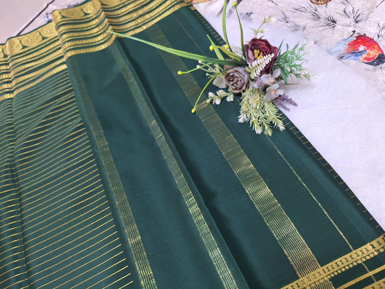 Pure Mysore Crepe Silk - Bottle Green Golden Kairi (Mango) Border