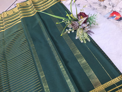 Pure Mysore Crepe Silk - Bottle Green Golden Kairi (Mango) Border