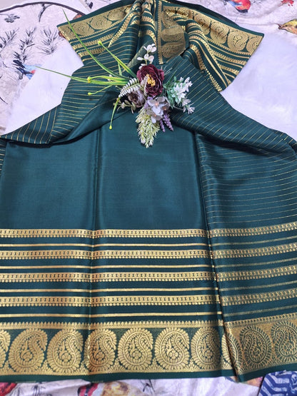 Pure Mysore Crepe Silk - Bottle Green Golden Kairi (Mango) Border