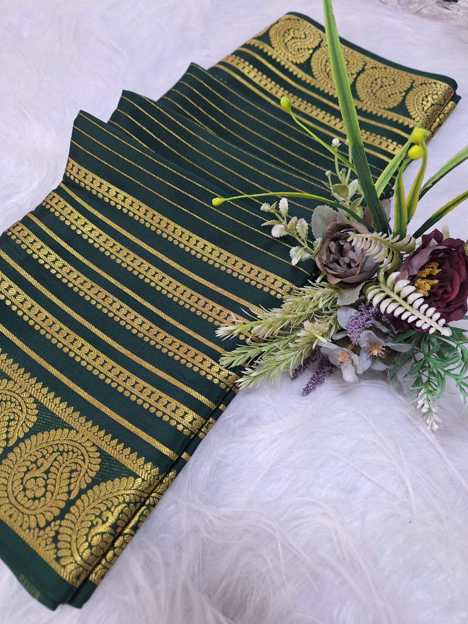 Pure Mysore Crepe Silk - Bottle Green Golden Kairi (Mango) Border