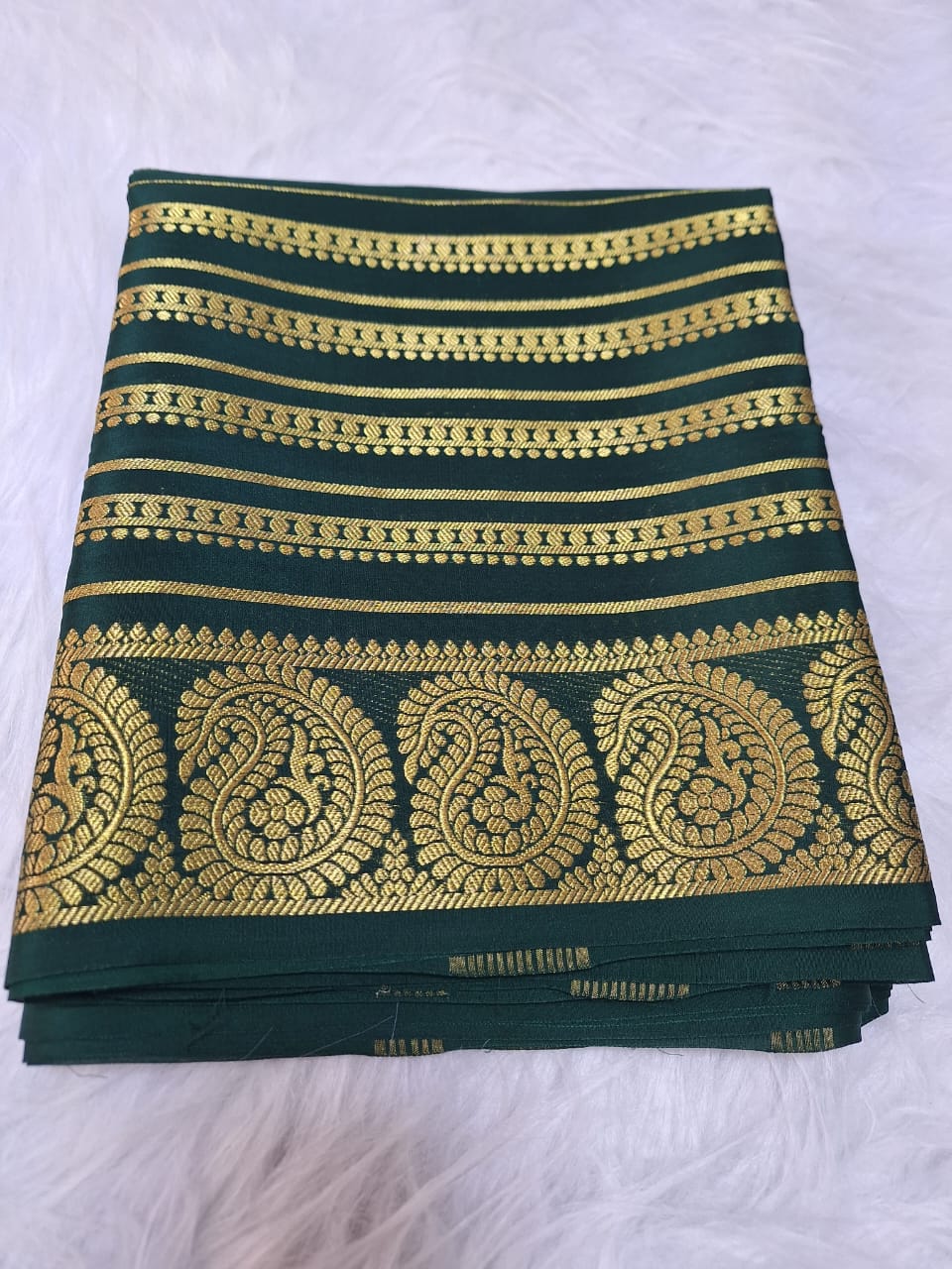 Pure Mysore Crepe Silk - Bottle Green Golden Kairi (Mango) Border