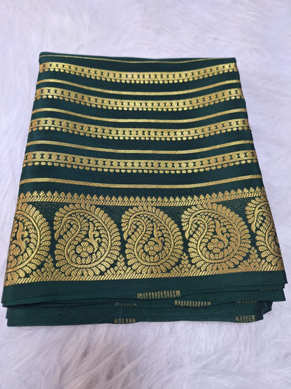 Pure Mysore Crepe Silk - Bottle Green Golden Kairi (Mango) Border