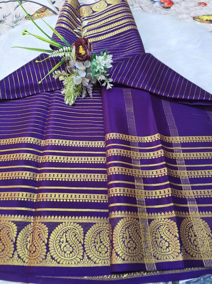 Pure Mysore Crepe Silk - Deep Purple Golden Kairi (Mango) Border