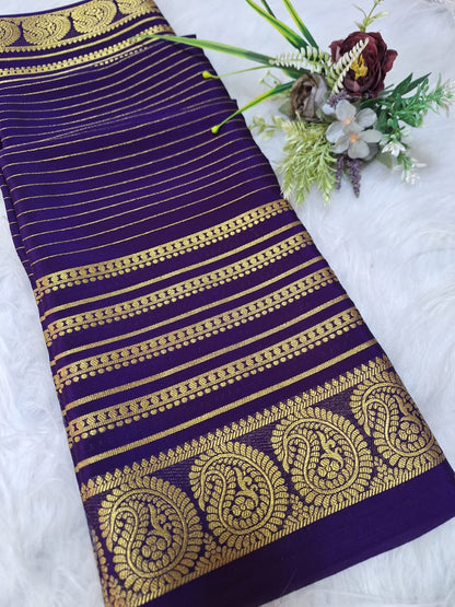 Pure Mysore Crepe Silk - Deep Purple Golden Kairi (Mango) Border