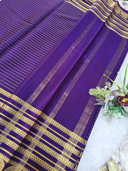 Pure Mysore Crepe Silk - Deep Purple Golden Kairi (Mango) Border