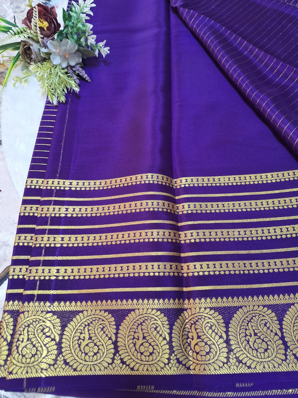 Pure Mysore Crepe Silk - Deep Purple Golden Kairi (Mango) Border