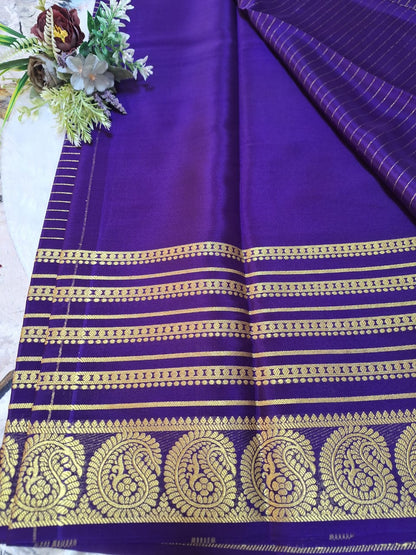 Pure Mysore Crepe Silk - Deep Purple Golden Kairi (Mango) Border