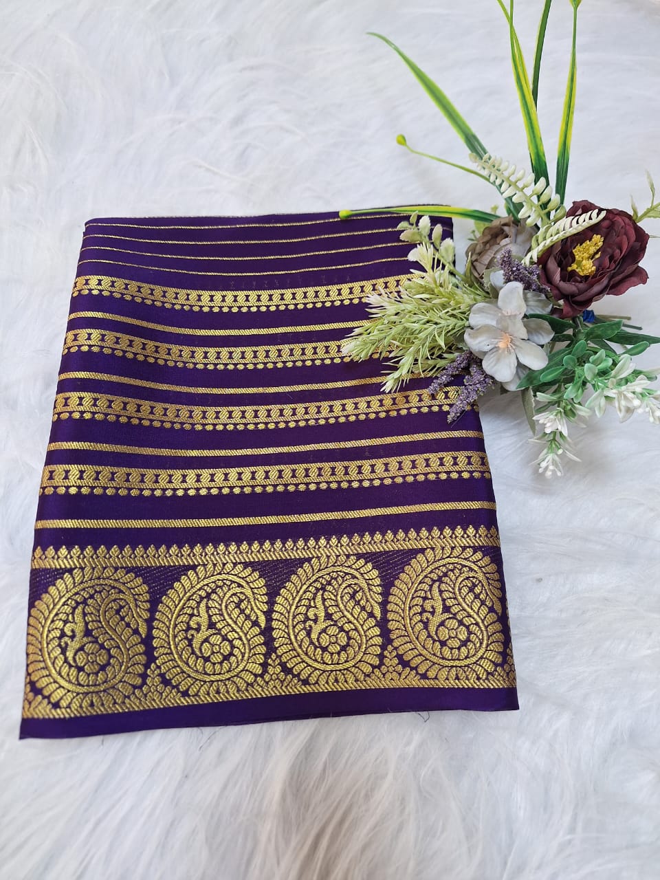 Pure Mysore Crepe Silk - Deep Purple Golden Kairi (Mango) Border