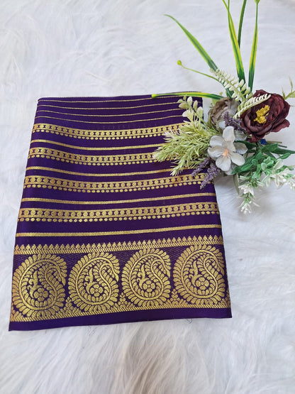 Pure Mysore Crepe Silk - Deep Purple Golden Kairi (Mango) Border