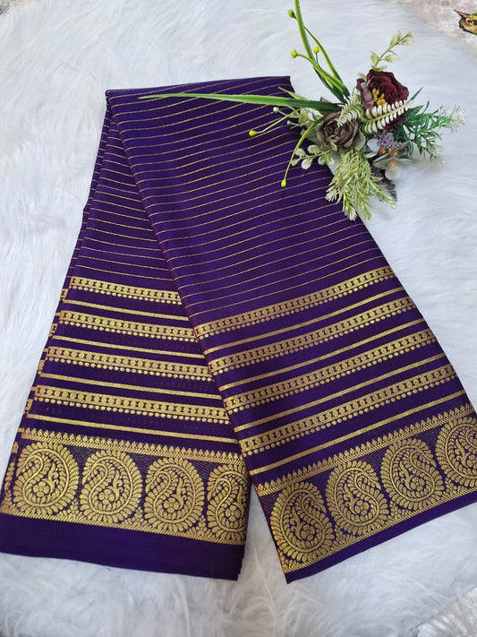 Pure Mysore Crepe Silk - Deep Purple Golden Kairi (Mango) Border