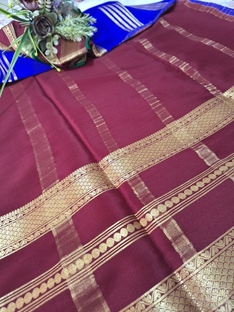 Pure Mysore Crepe Silk -  Royal blue & Maroon 2D Designer pattern