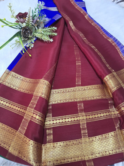 Pure Mysore Crepe Silk -  Royal blue & Maroon 2D Designer pattern