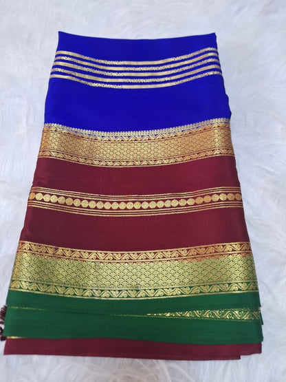 Pure Mysore Crepe Silk -  Royal blue & Maroon 2D Designer pattern