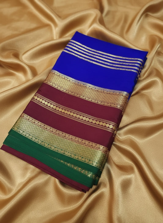 Pure Mysore Crepe Silk -  Royal blue & Maroon 2D Designer pattern