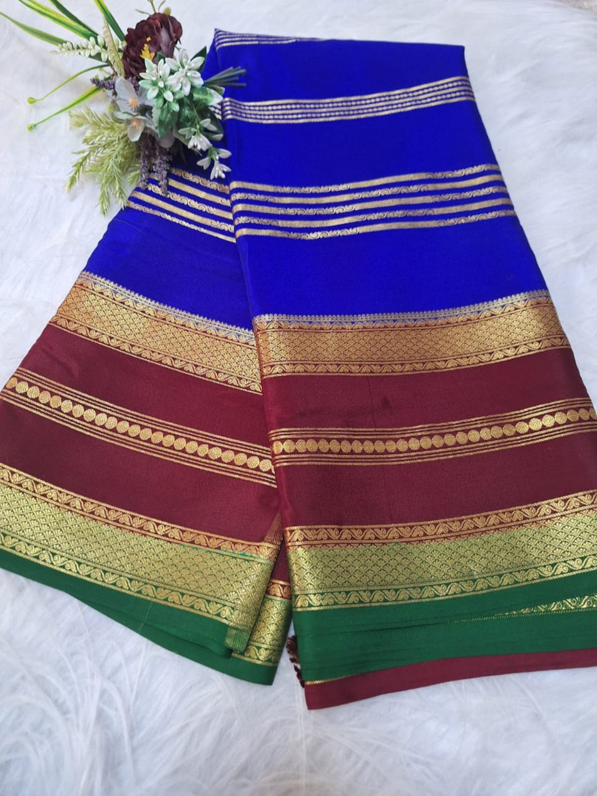 Pure Mysore Crepe Silk -  Royal blue & Maroon 2D Designer pattern
