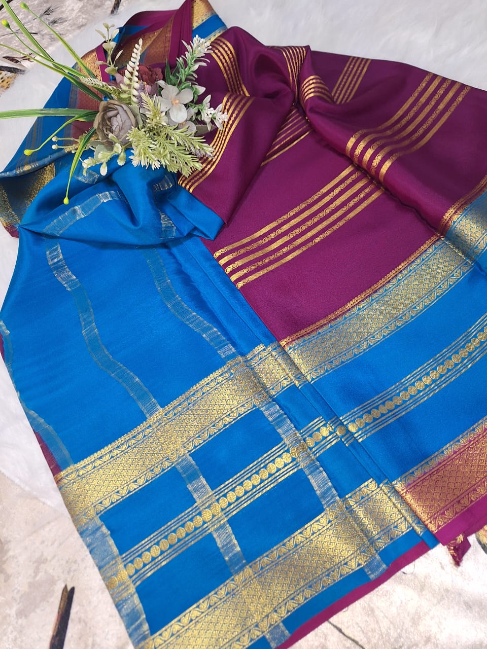 Pure Mysore Crepe Silk - Magenta & Blue 2D Designer pattern
