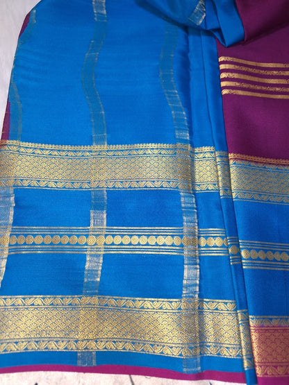 Pure Mysore Crepe Silk - Magenta & Blue 2D Designer pattern