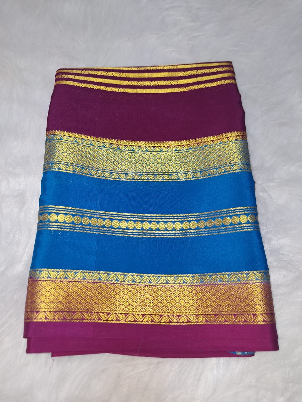 Pure Mysore Crepe Silk - Magenta & Blue 2D Designer pattern