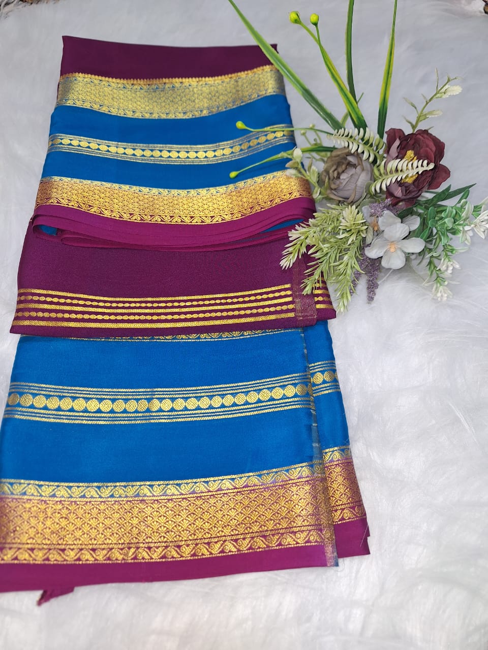 Pure Mysore Crepe Silk - Magenta & Blue 2D Designer pattern