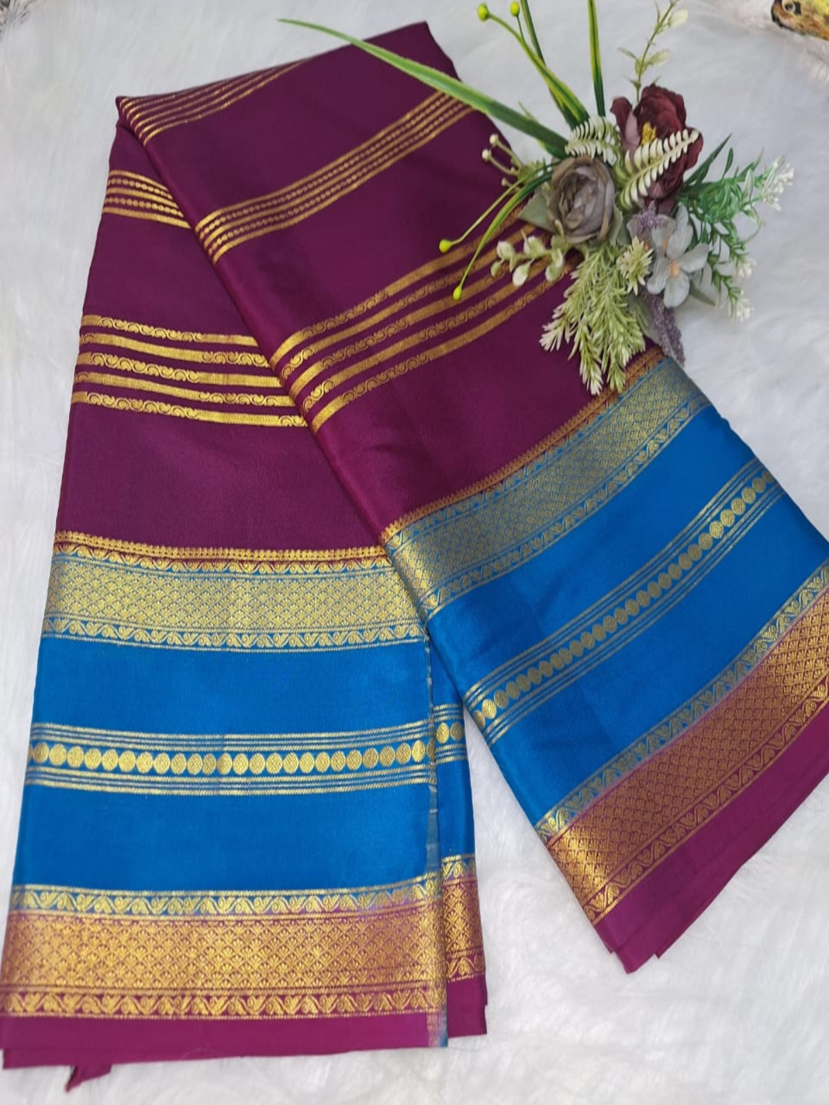 Pure Mysore Crepe Silk - Magenta & Blue 2D Designer pattern