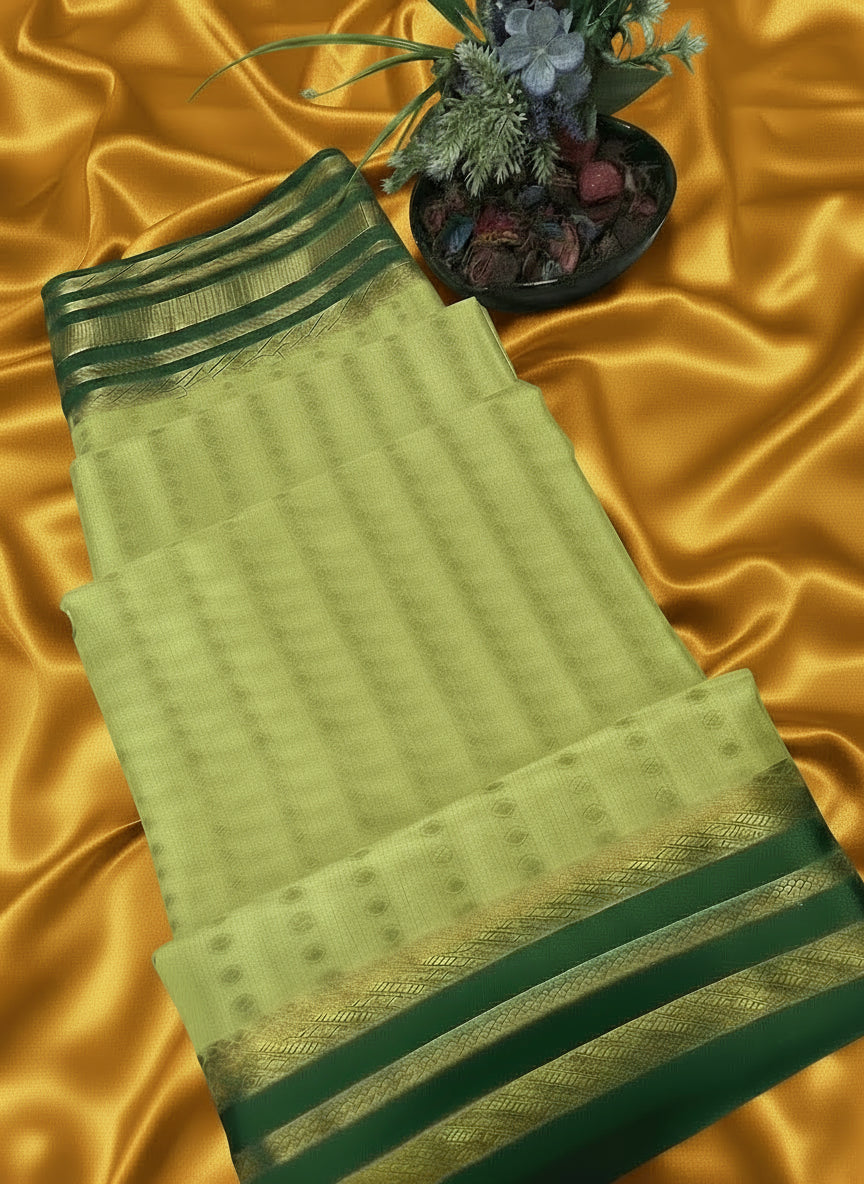 Pure Mysore Crepe SIlk - Light & Dark green 1000 zari boota pattern