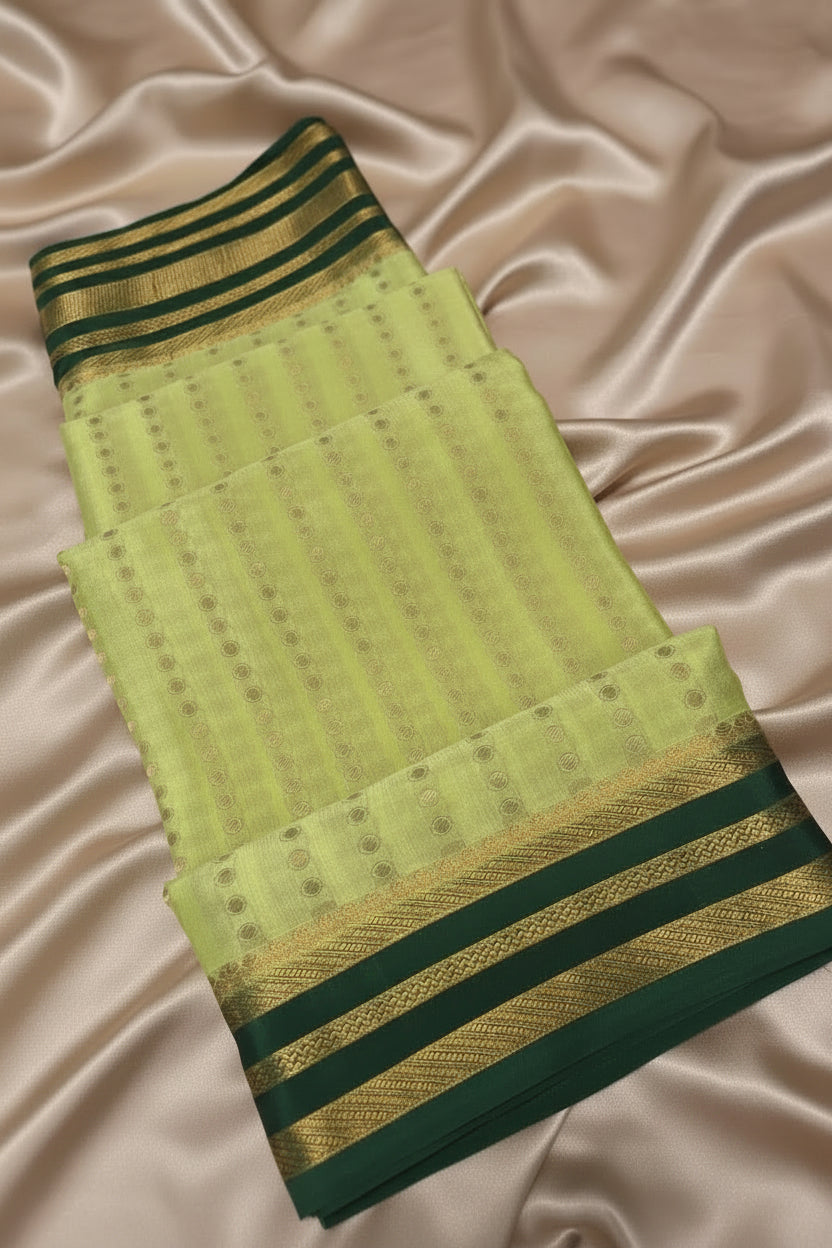 Pure Mysore Crepe SIlk - Light & Dark green 1000 zari boota pattern