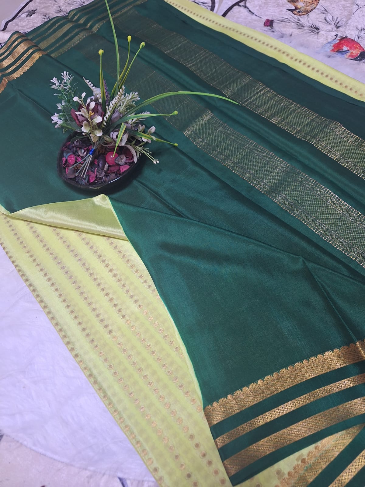 Pure Mysore Crepe SIlk - Light & Dark green 1000 zari boota pattern