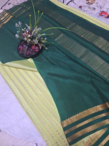 Pure Mysore Crepe SIlk - Light & Dark green 1000 zari boota pattern