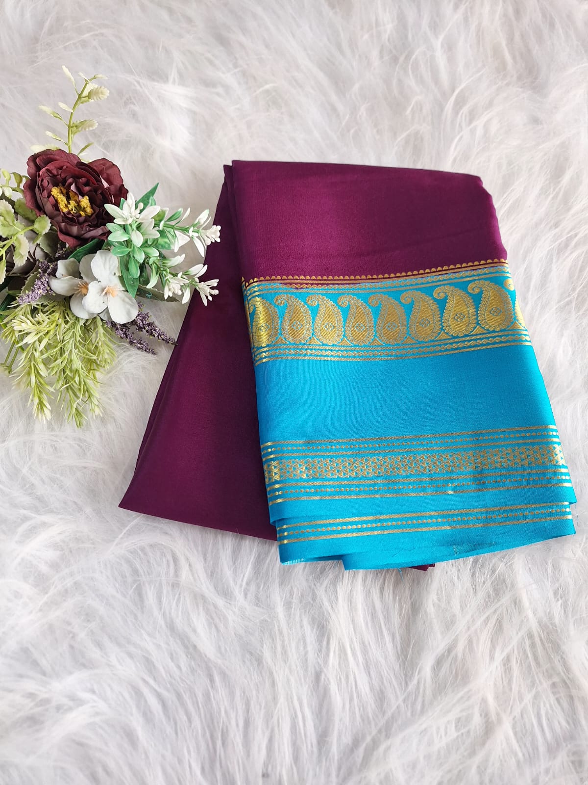 Pure Mysore Crepe Silk - Magenta & Capri Blue accented Kairi Motifs Border