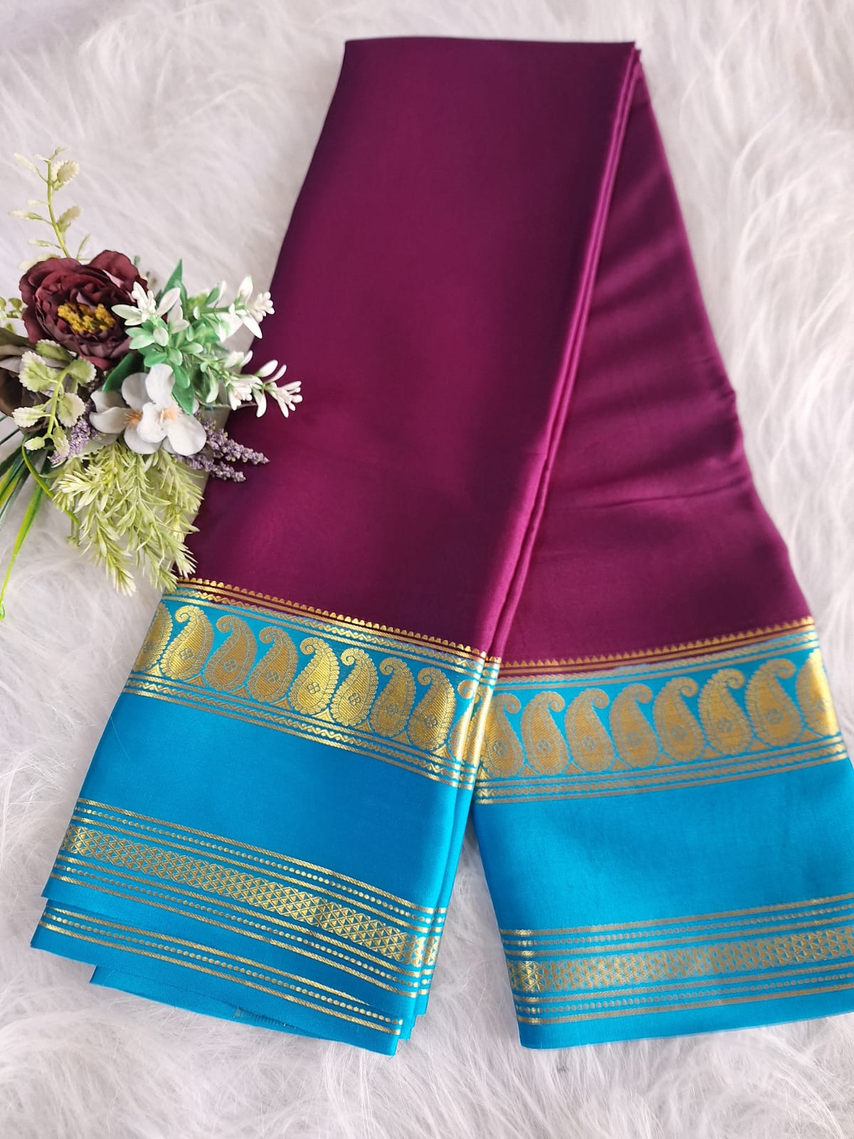 Pure Mysore Crepe Silk - Magenta & Capri Blue accented Kairi Motifs Border
