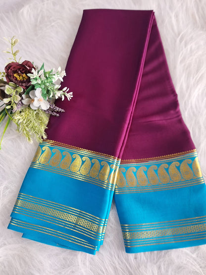 Pure Mysore Crepe Silk - Magenta & Capri Blue accented Kairi Motifs Border