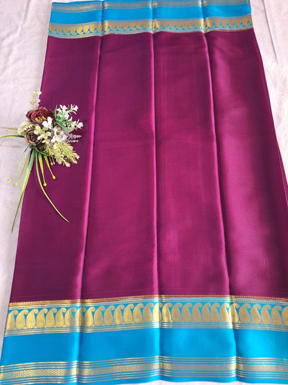 Pure Mysore Crepe Silk - Magenta & Capri Blue accented Kairi Motifs Border