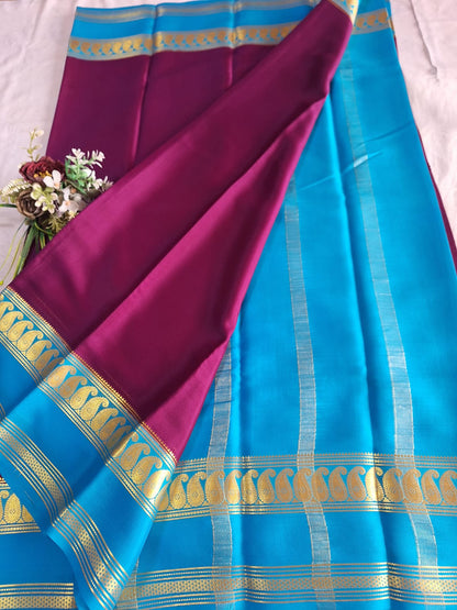 Pure Mysore Crepe Silk - Magenta & Capri Blue accented Kairi Motifs Border